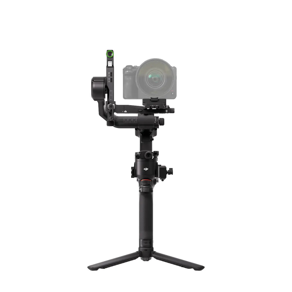 Camera stabilizer with a camera attached on a white background