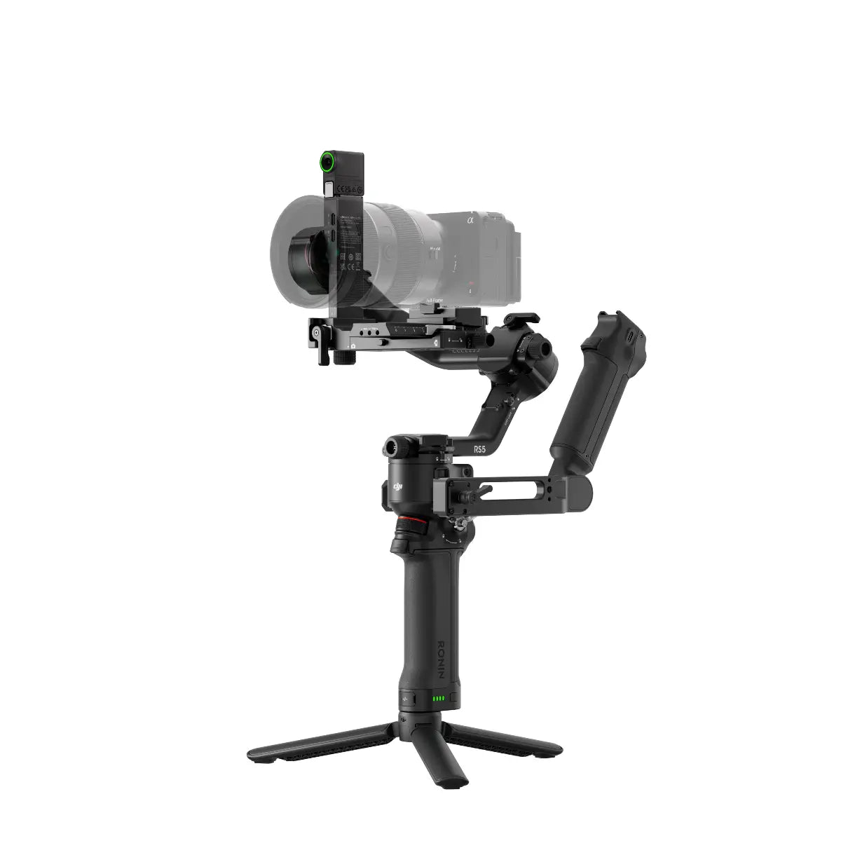 Camera stabilizer with a camera attached on a white background
