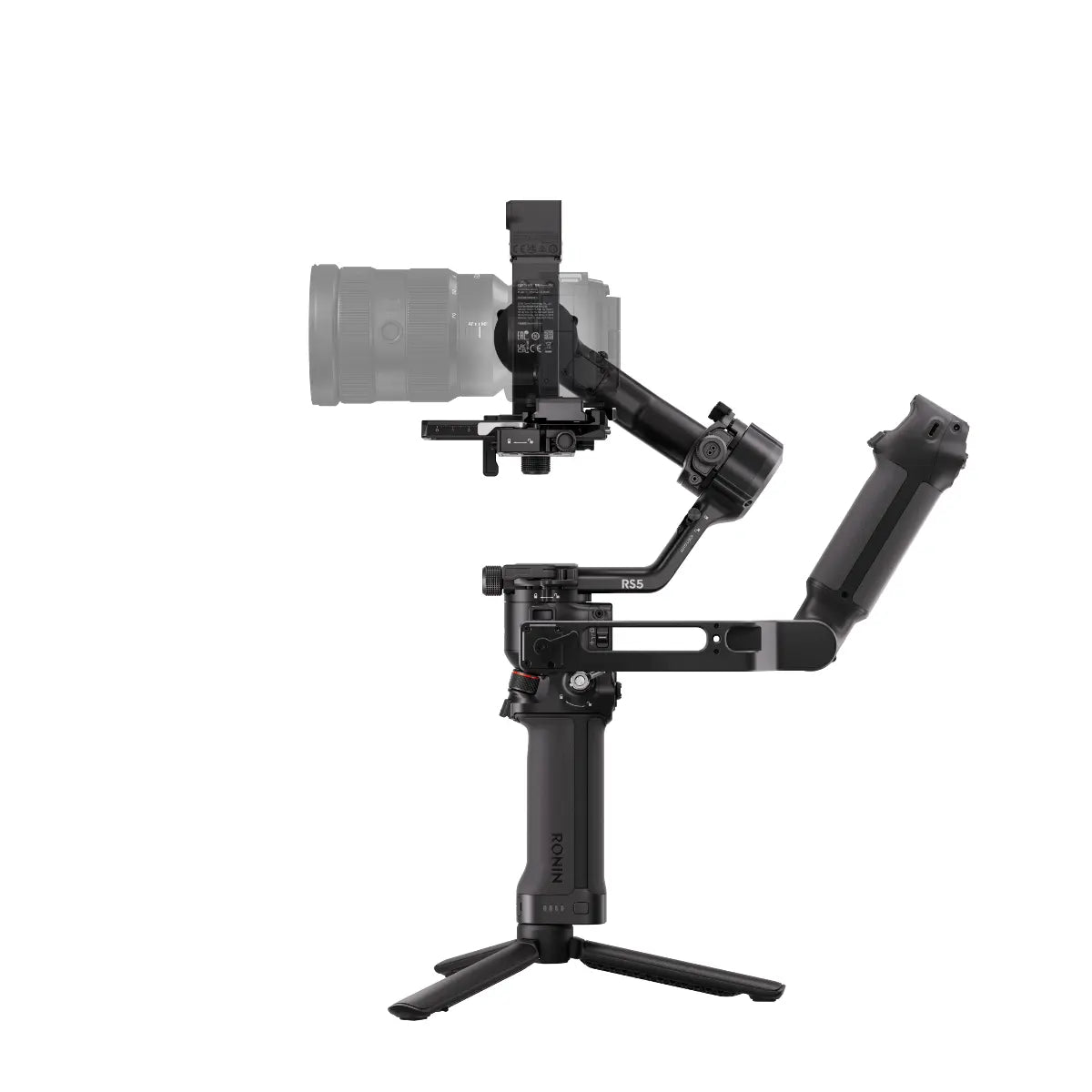 Camera stabilizer with a camera attached on a white background