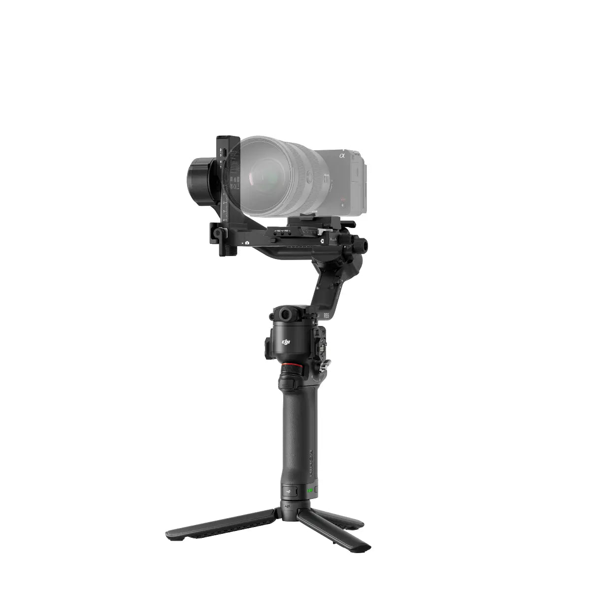 Camera stabilizer with a camera mounted on it against a white background
