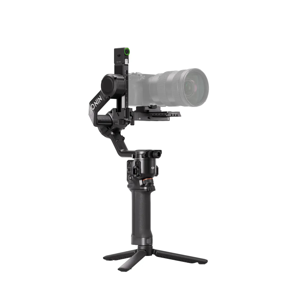 Camera stabilizer with a camera mounted on it against a white background