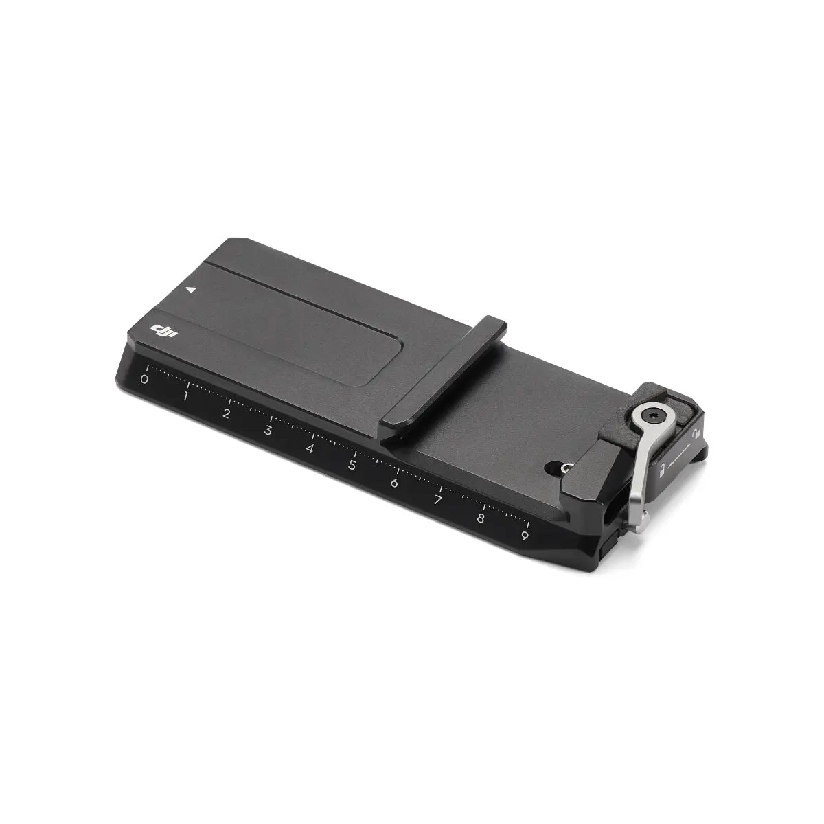 Black camera accessory with measurement scale on a white background