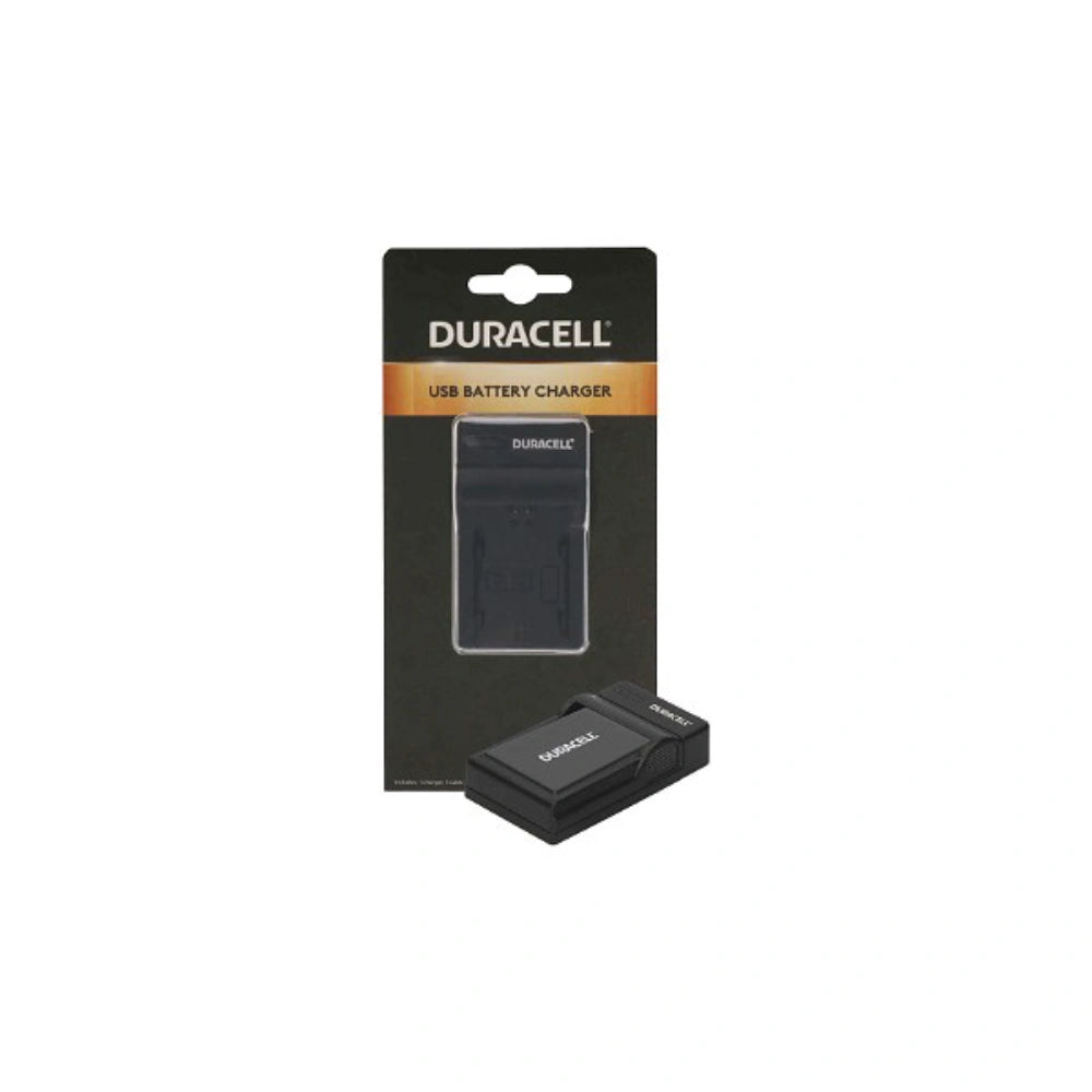 A Duracell USB battery charger in its original black retail blister packaging, with the black USB charger device shown in front of the card.