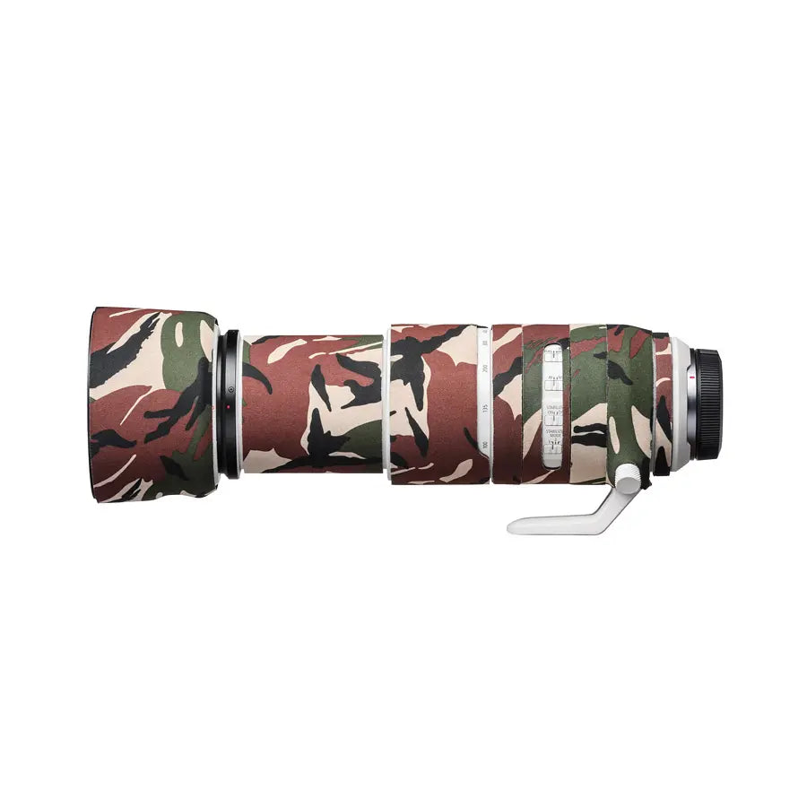 Camouflage-patterned camera lens on a white background