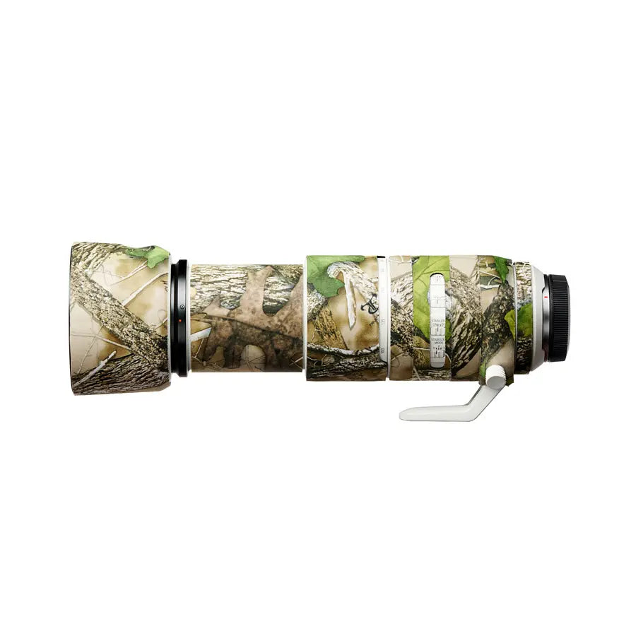 Camera lens with camouflage wrap on a white background