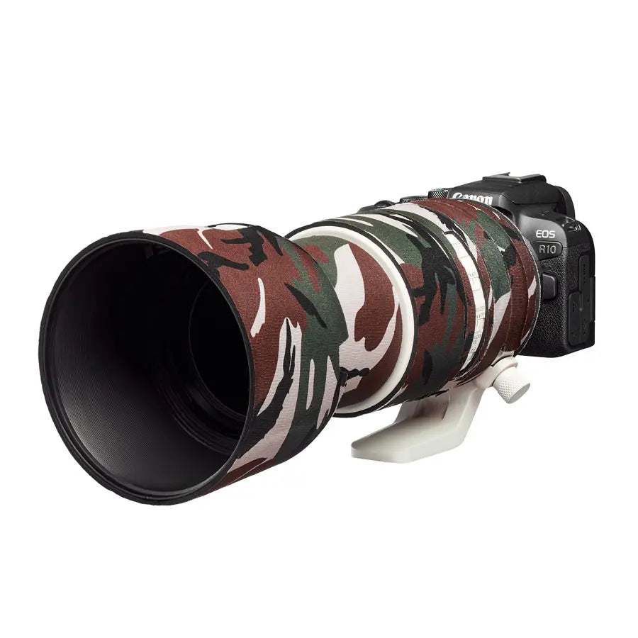 Camouflage camera lens with a brand logo on a white background