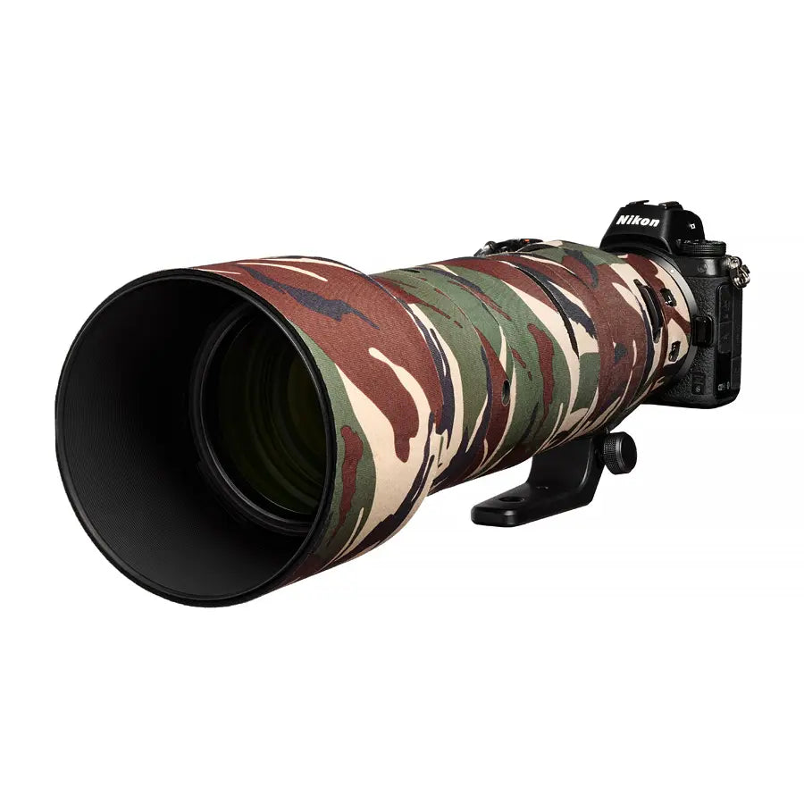 Camouflage camera lens with Nikon branding on a white background