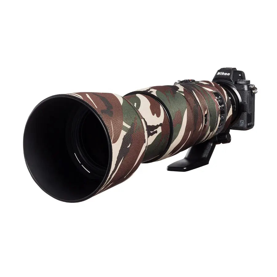 Camouflage camera lens with Nikon branding on a white background