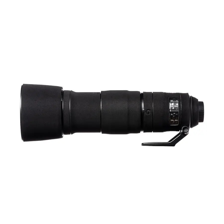 Black camera lens on a white background