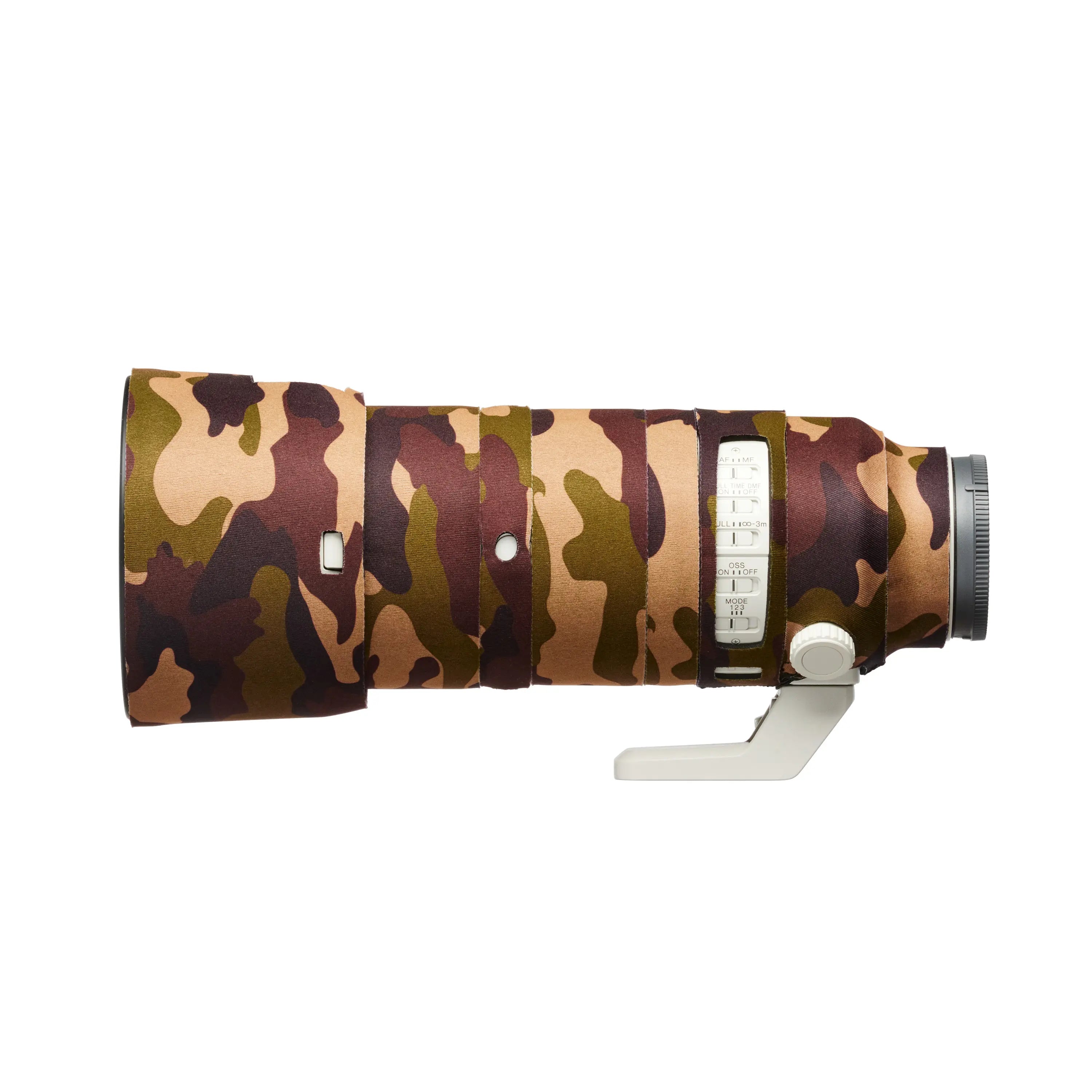 Camouflage-patterned lens on a white background