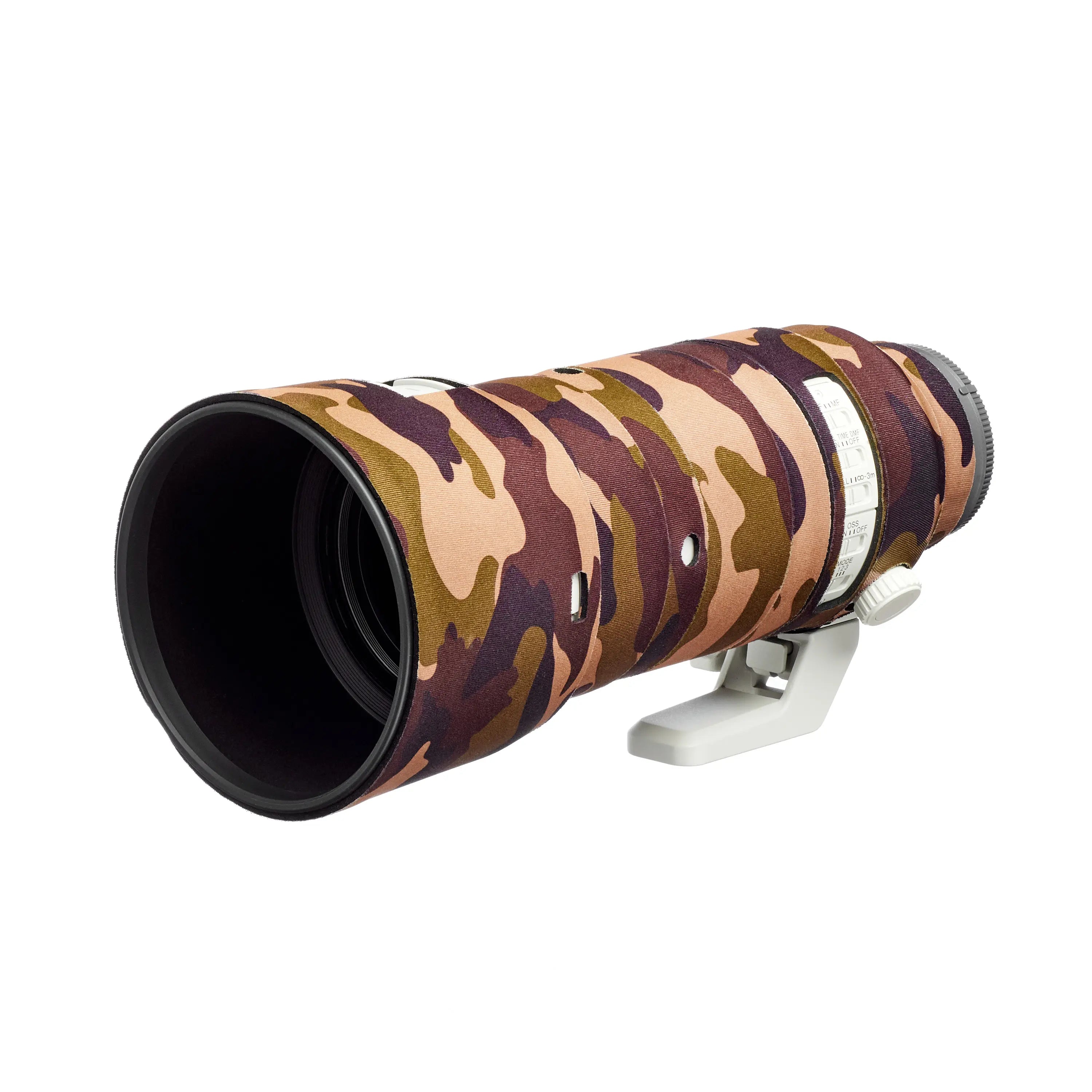 Camouflage-patterned lens with a black front on a white background