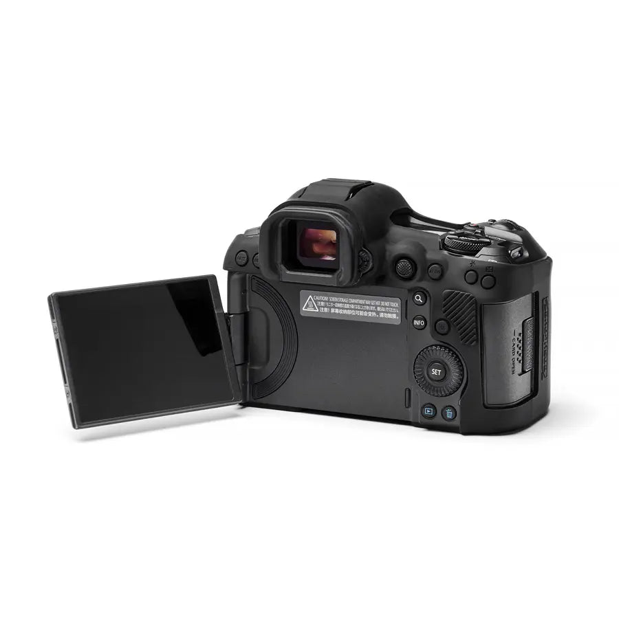 Black camera with open screen on a white background