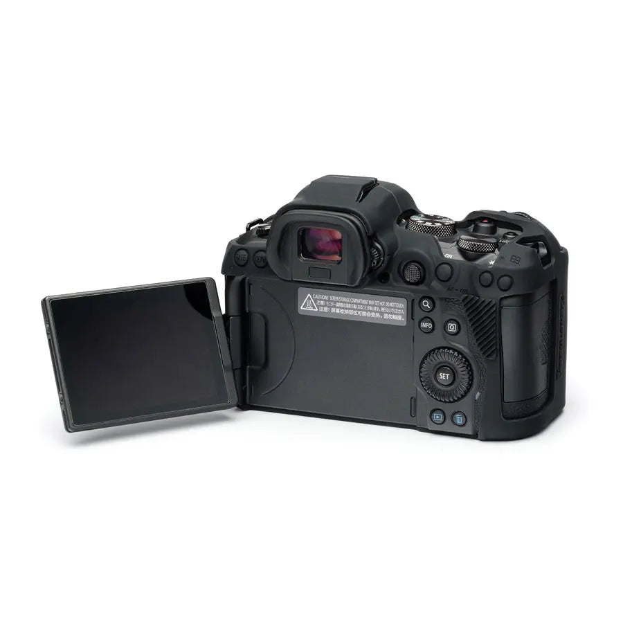 Black camera with open screen on a white background