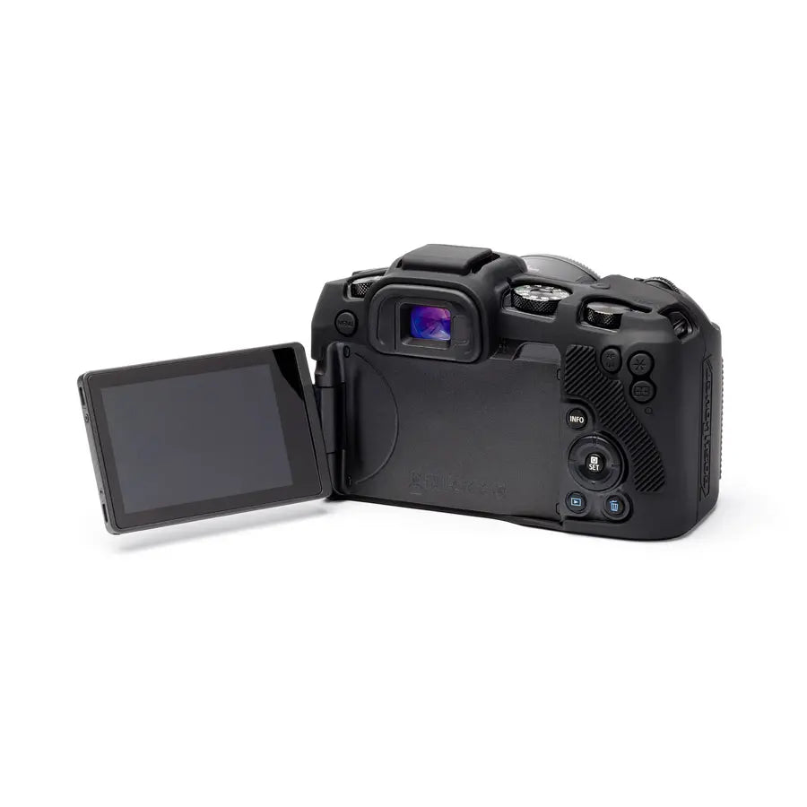 Black camera with open screen on a white background