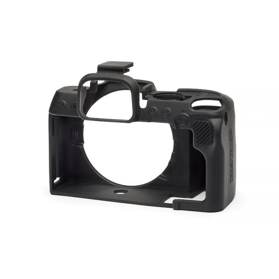 Black camera body protector on a white background