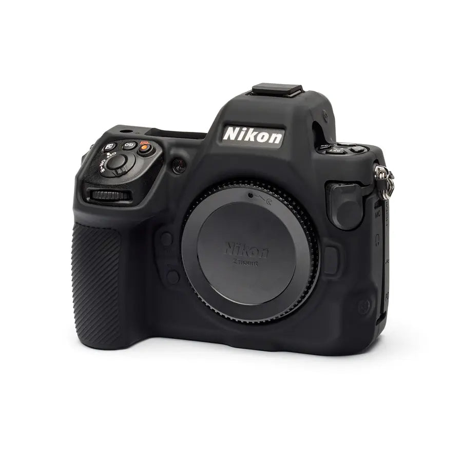 Nikon camera body with a black silicone case on a white background