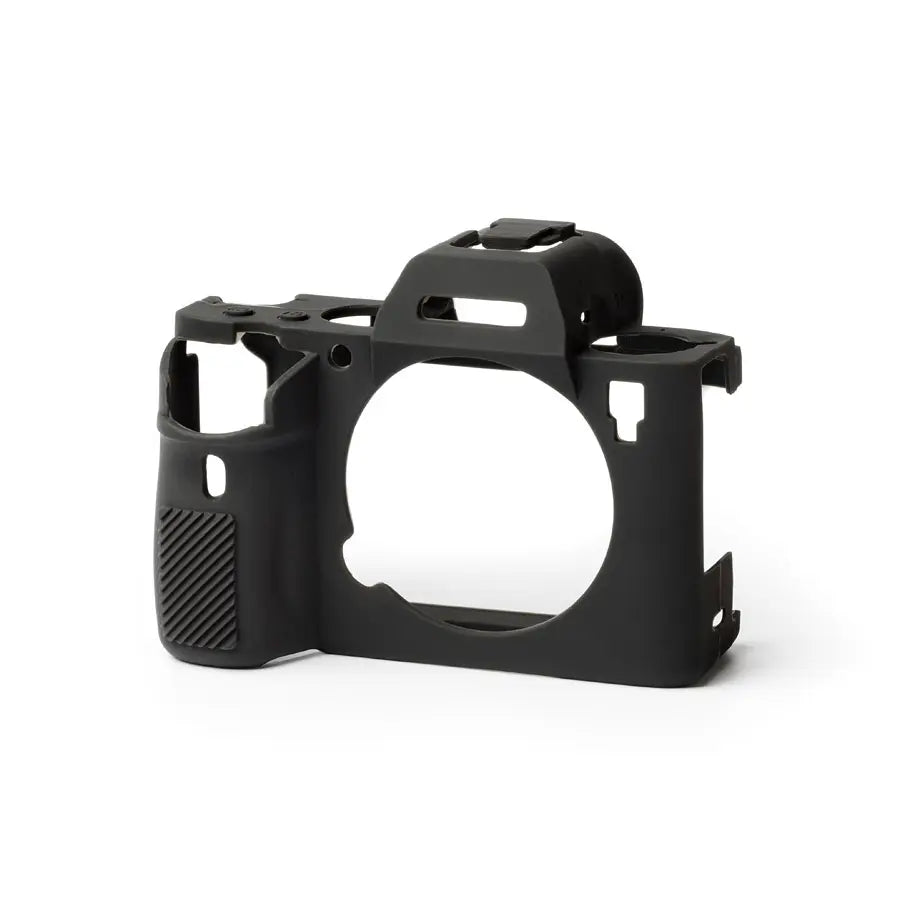 Black camera body protector on a white background