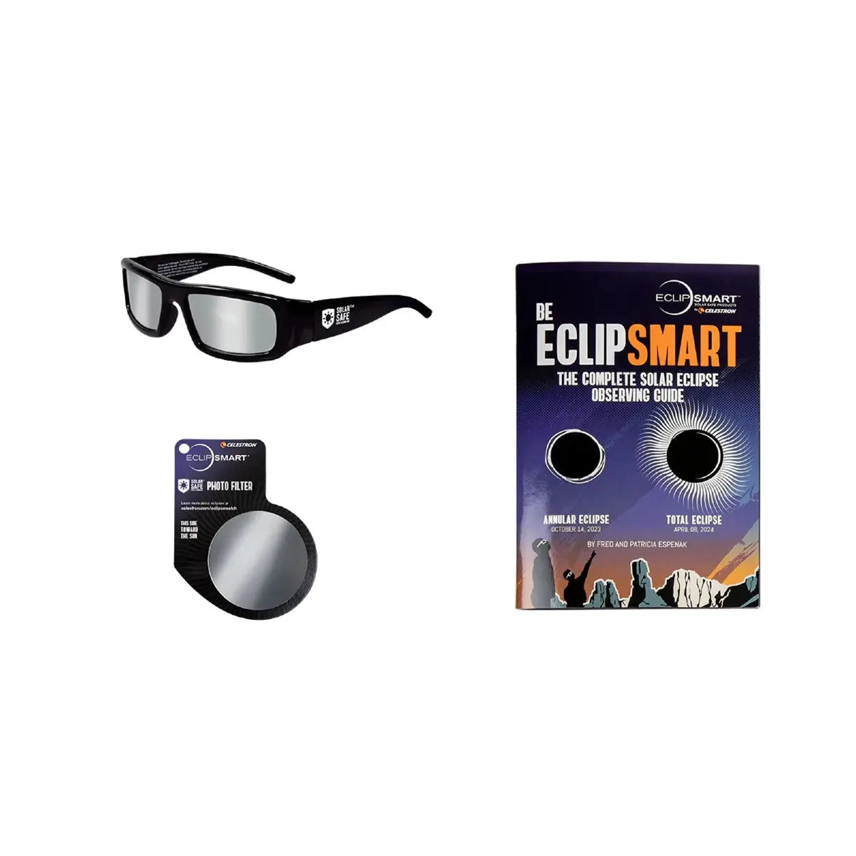 Solar eclipse viewing glasses and guidebook on a white background
