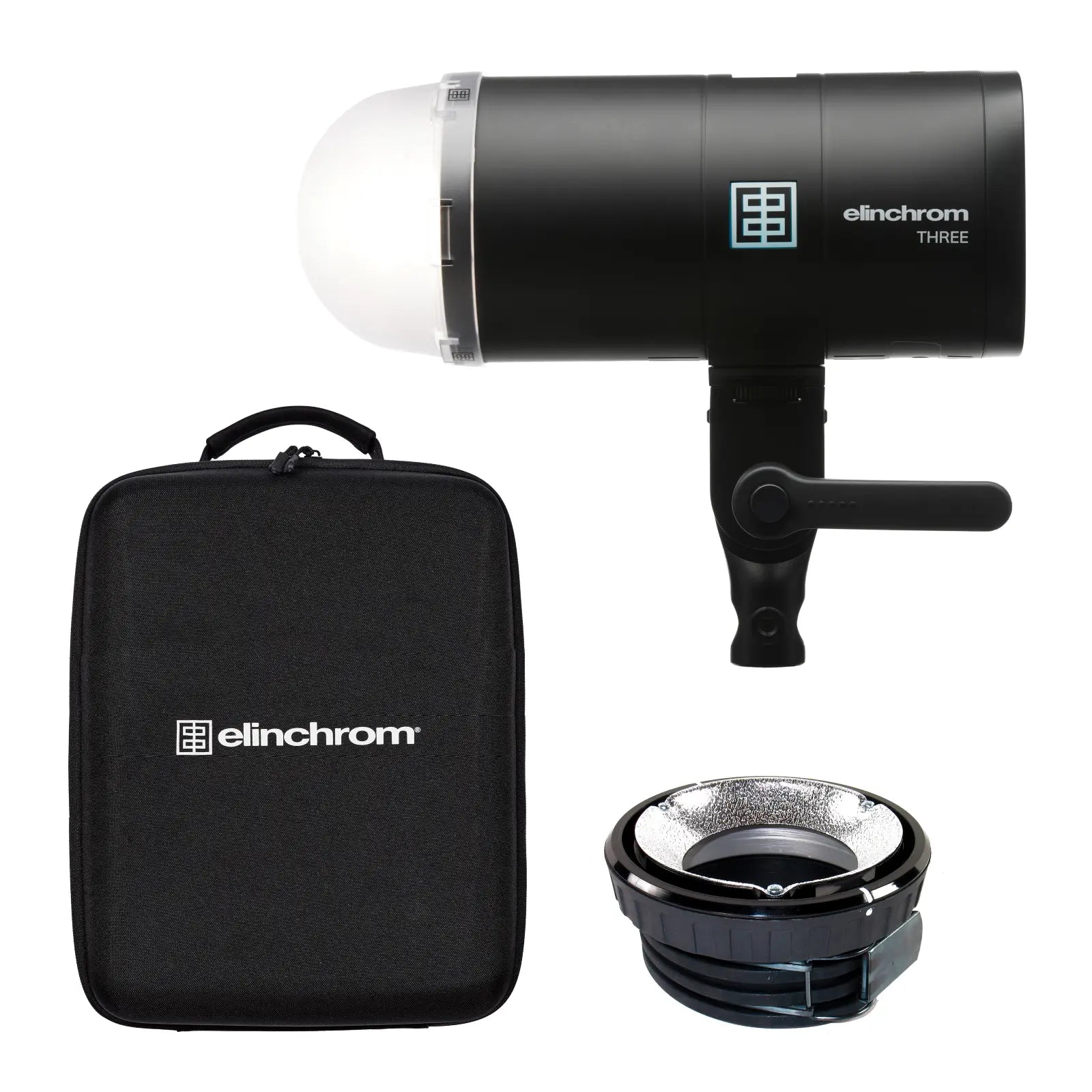 The image shows the Elinchrom THREE Off-Camera Flash Kit, including the flash unit, a carrying case, and a diffuser attachment.