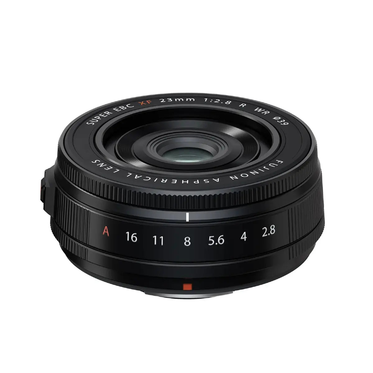 Camera lens with focus and aperture details on a white background