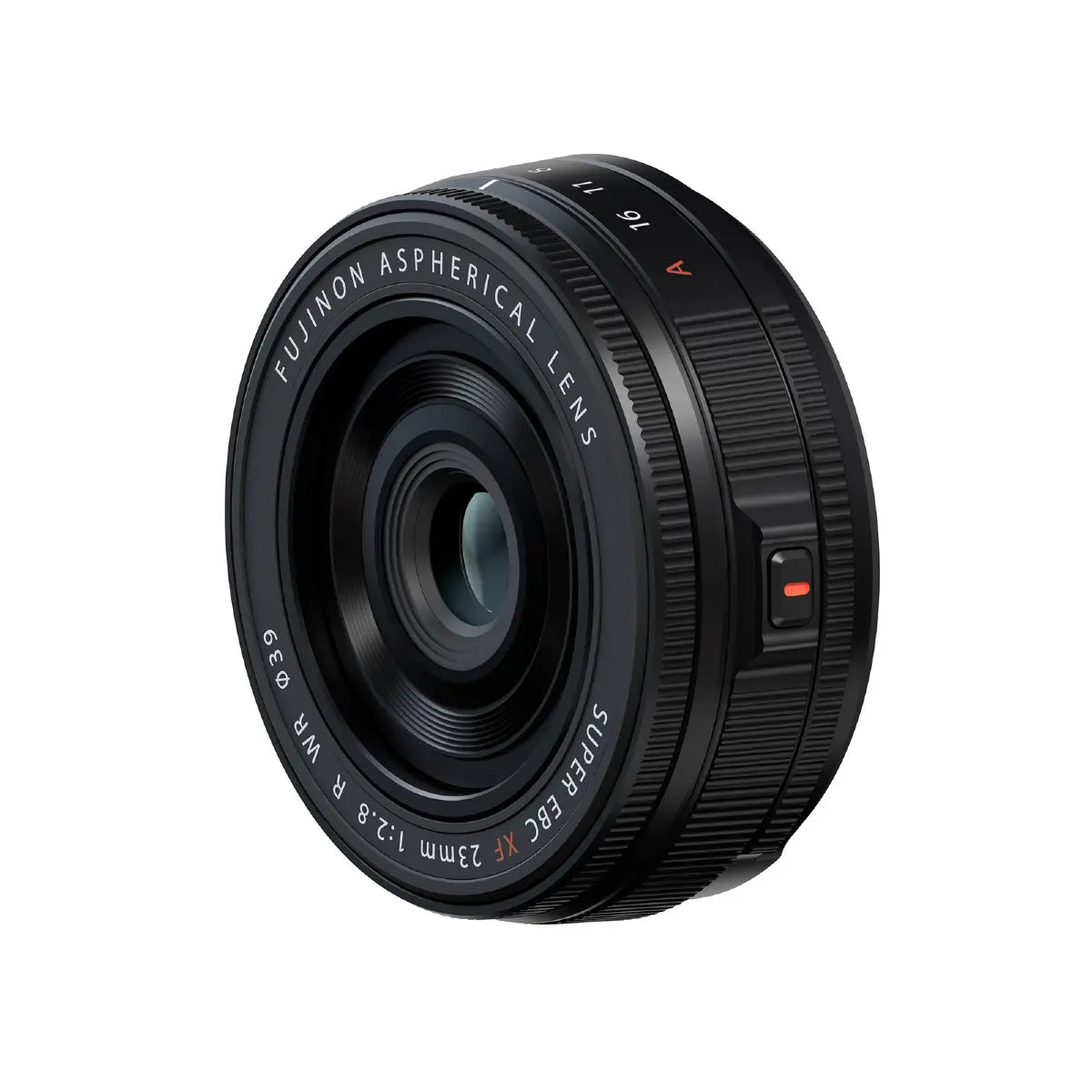 Camera lens with 'Fujifilm' branding on a white background