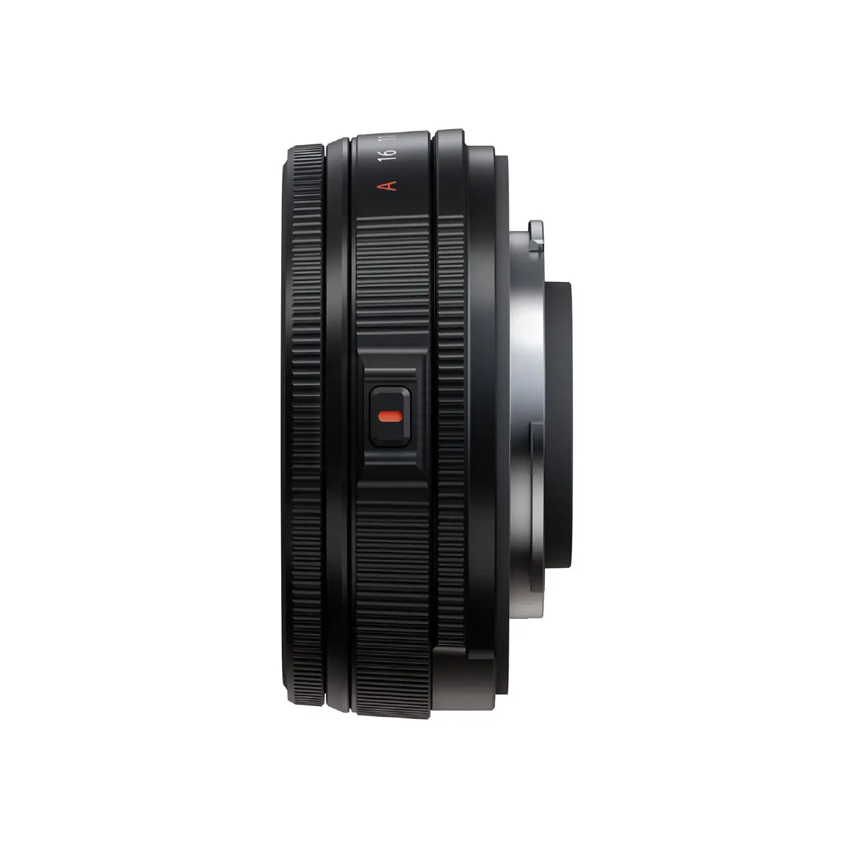 Black camera lens on a white background