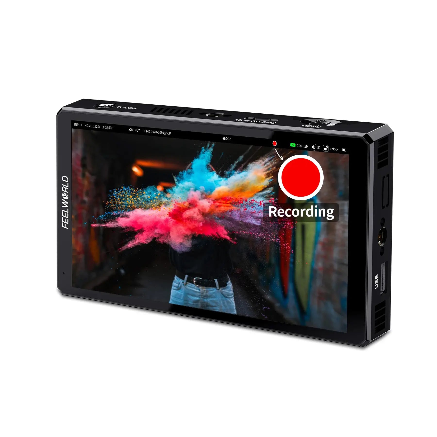 Camera with a monitor displaying a room view, likely used for filming or live streaming.