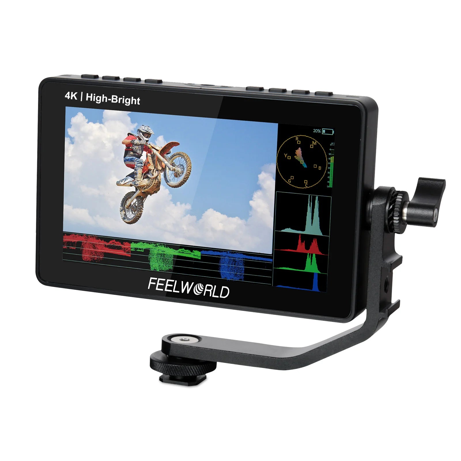 Feelworld camera monitor displaying a motocross rider with '4K High-Bright' text on screen