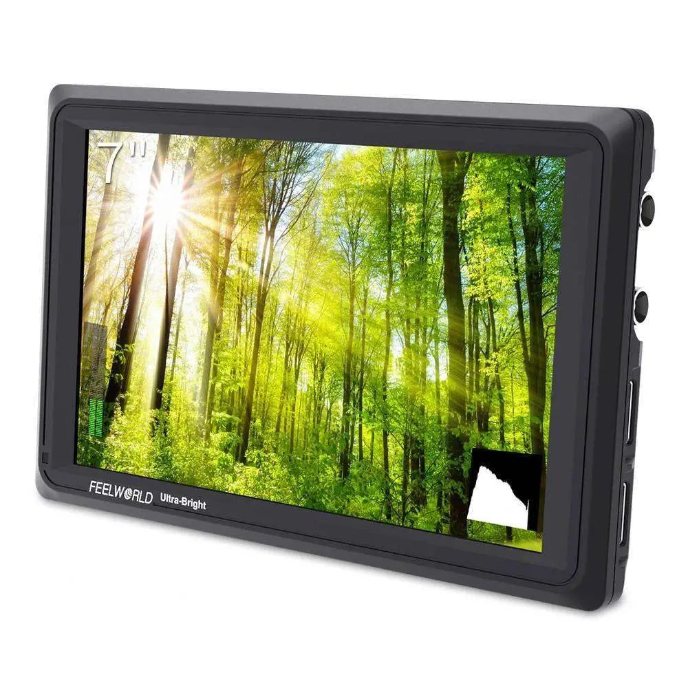 Portable monitor displaying a forest scene with 'Feelworld' branding