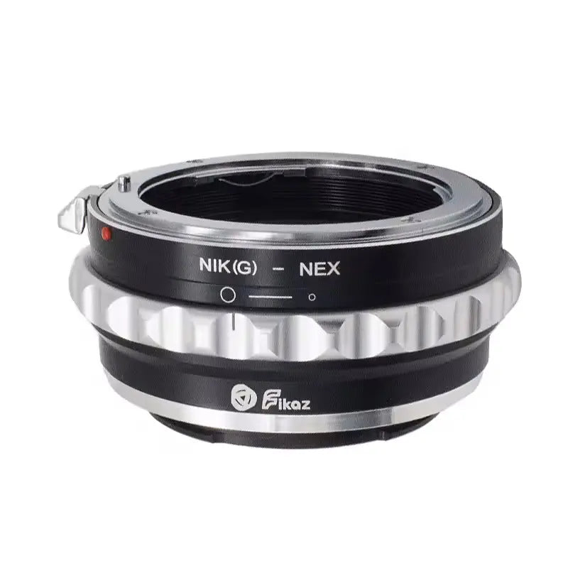 Camera lens adapter with 'NIK(G)-NEX' text on a white background