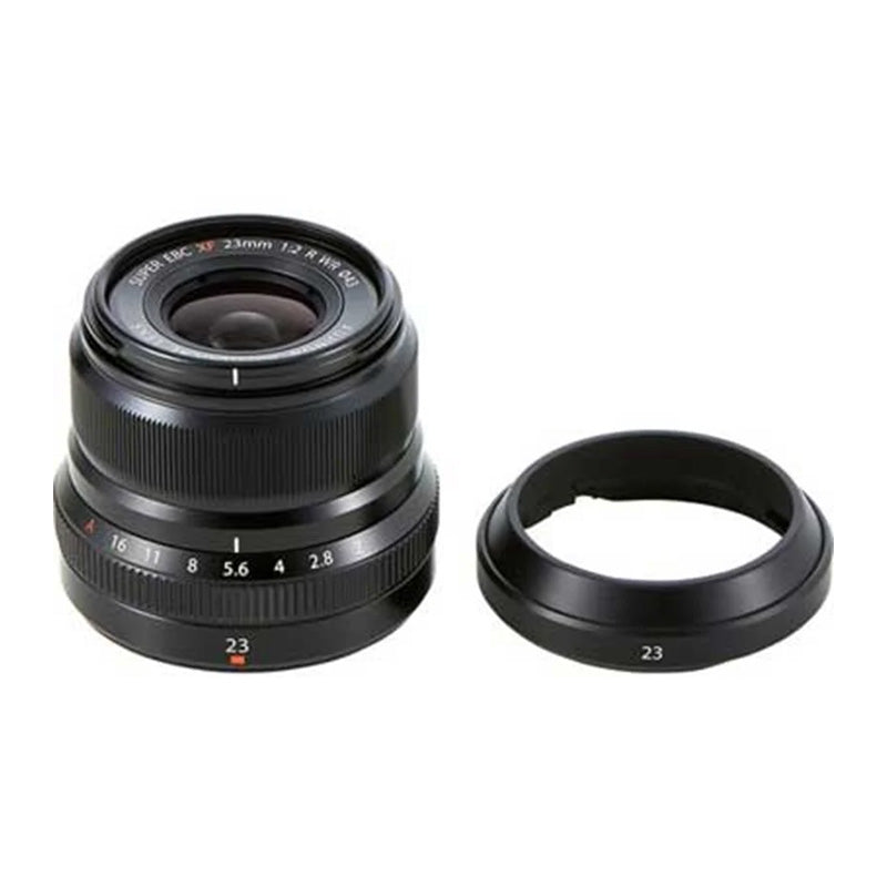 Fuji 23mm f2 R WR XF Wide Angle Prime Lens - Black product photo top angle with lens hood