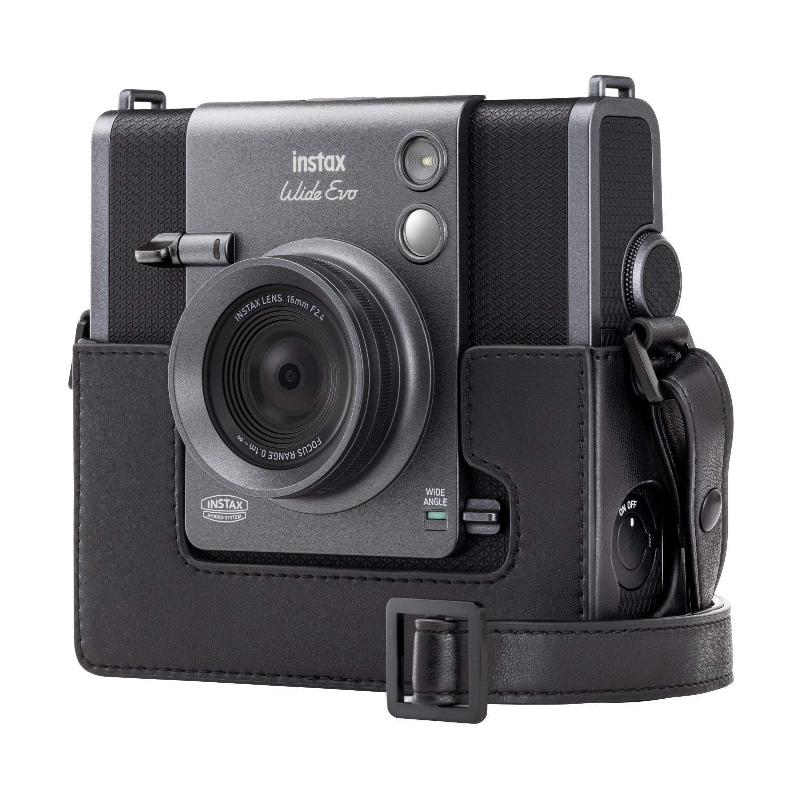 Fuji Instax Wide Evo Black Camera Case side angle on camera