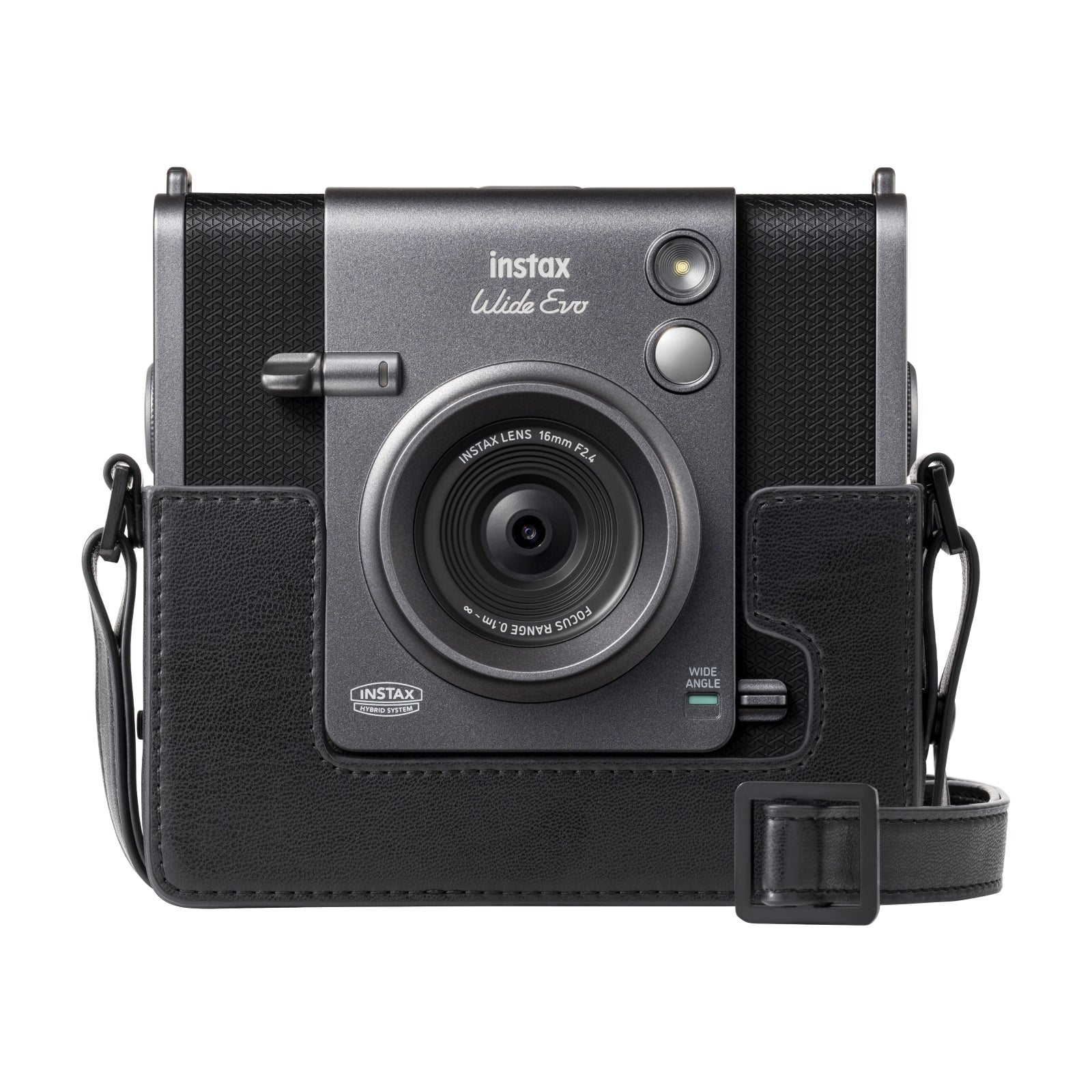 Fuji Instax Wide Evo Black Camera Case front angle on camera