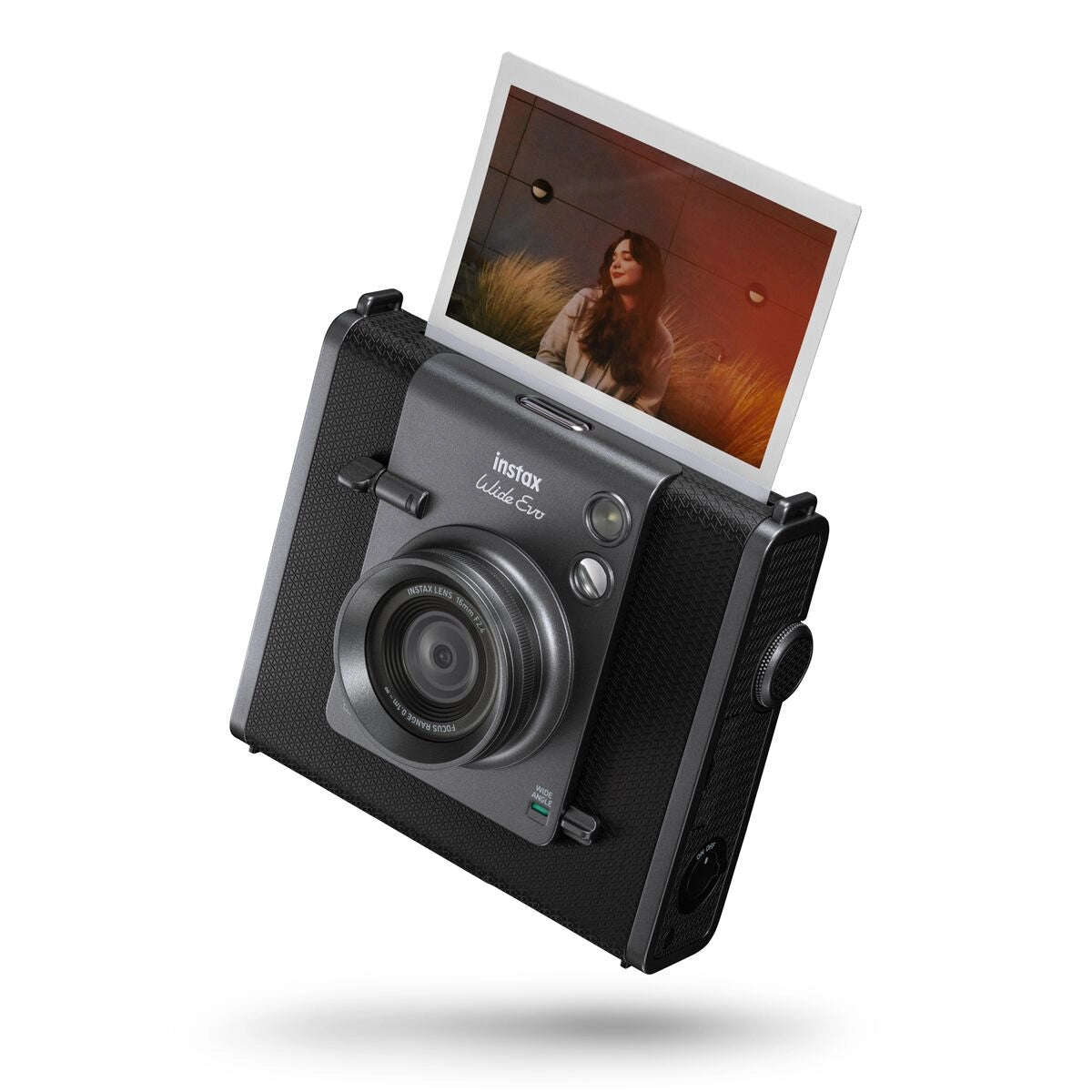 Fuji Instax Wide Evo Black Hybrid Instant Camera front angle with image coming out of camera