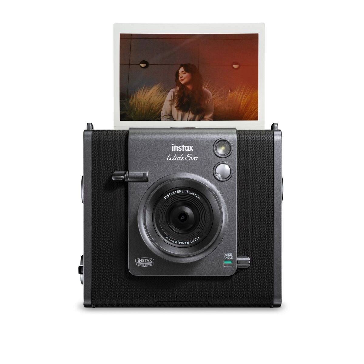 Fuji Instax Wide Evo Black Hybrid Instant Camera front angle with image coming out of camera