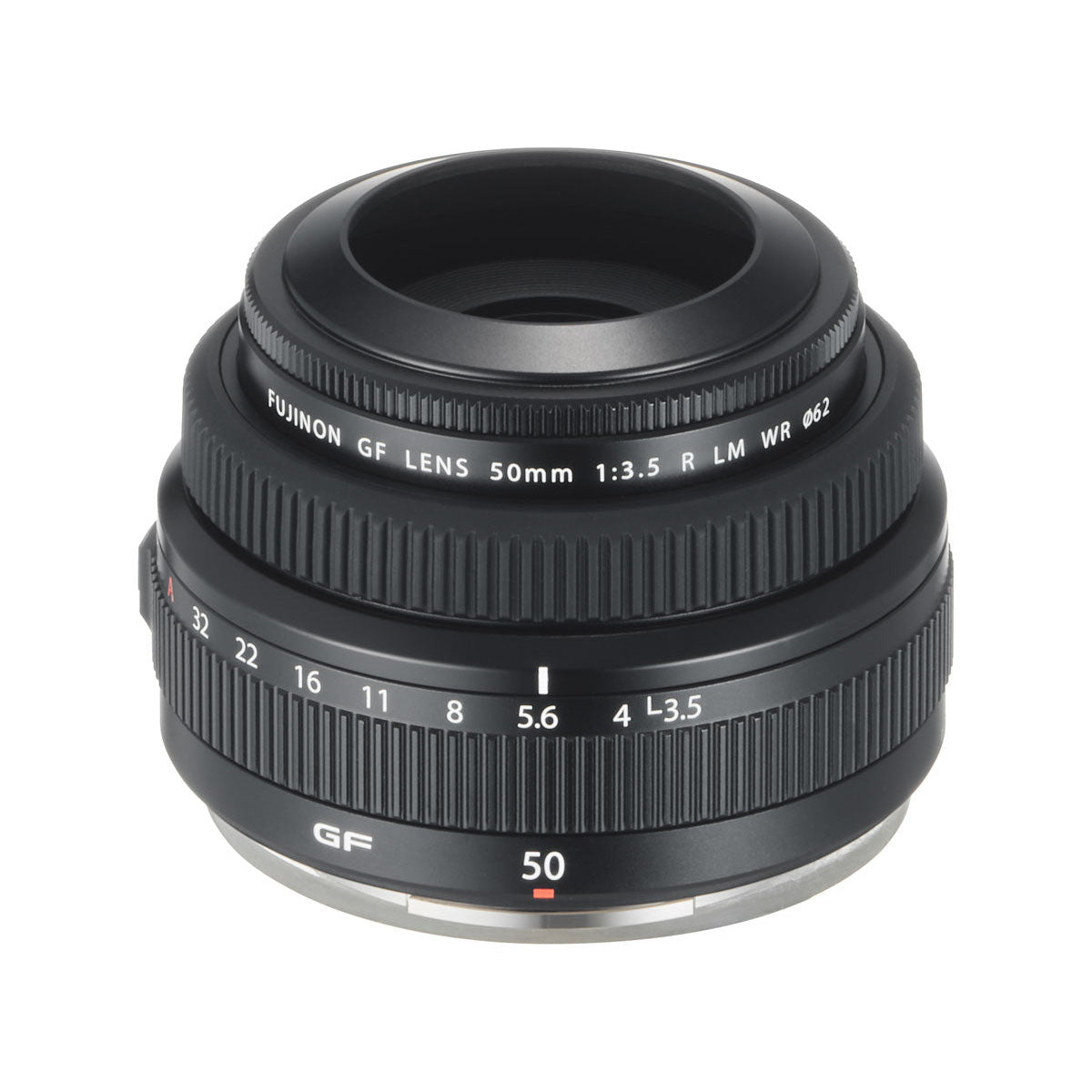 Fujifilm GF 50mm f3.5 R LM WR Lens top angle with lens hood