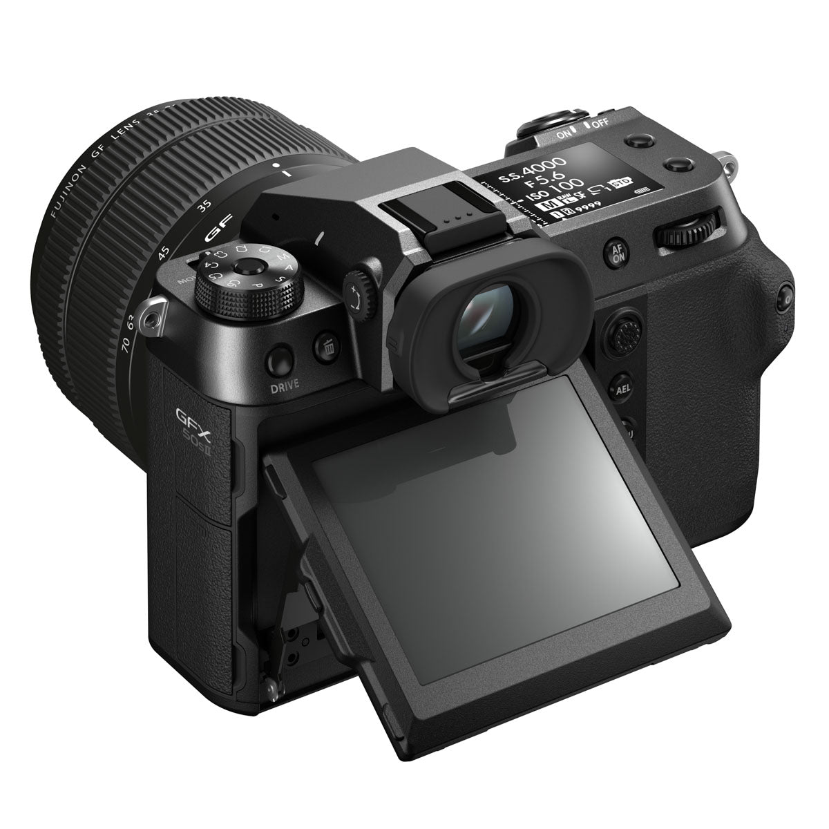 Fujifilm GFX 50S II Medium Format Camera with 35-70mm Lens back view with screen tilted up