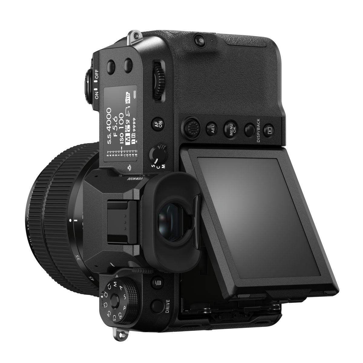 Fujifilm GFX 50S II Medium Format Camera with 35-70mm Lens back view in portrait orientation with screen tilted up