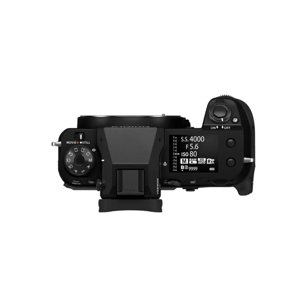 Camera body with control dials and display on a white background