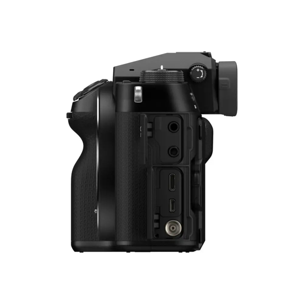 Black camera body on a white background