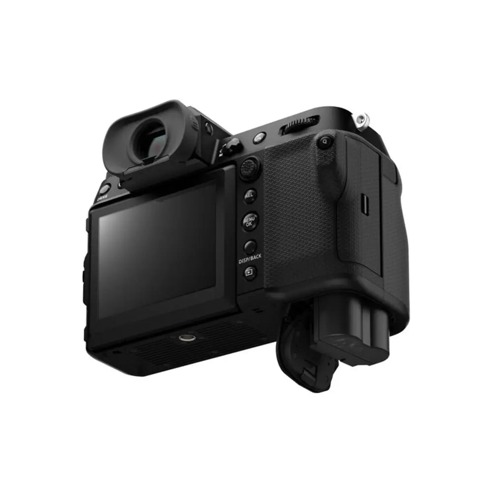 Black camera body on a white background