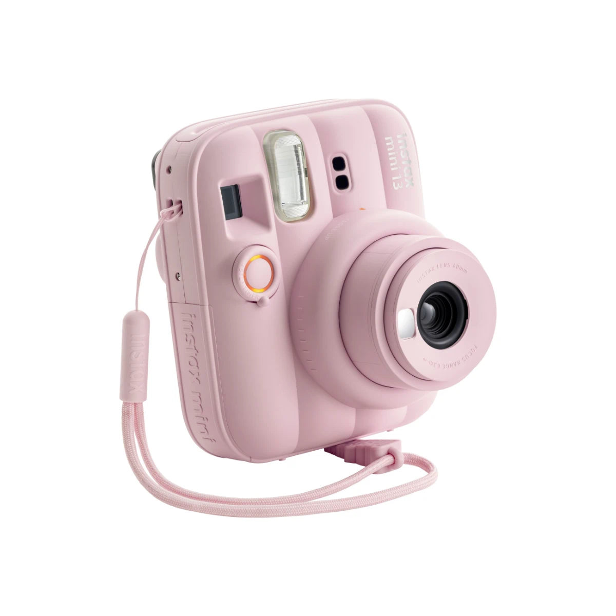 Pink instant camera with strap on a white background