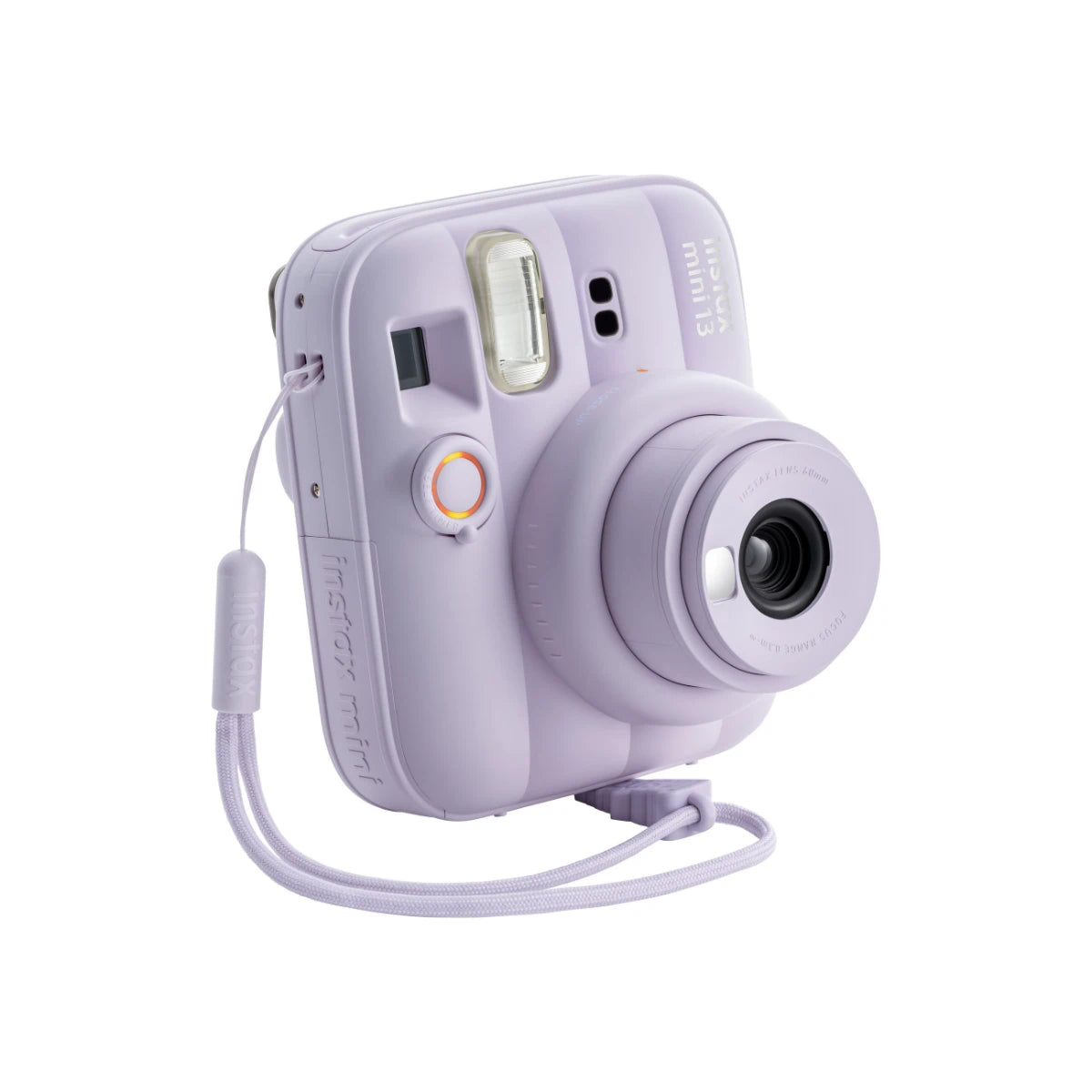 Lavender instant camera with strap on a white background