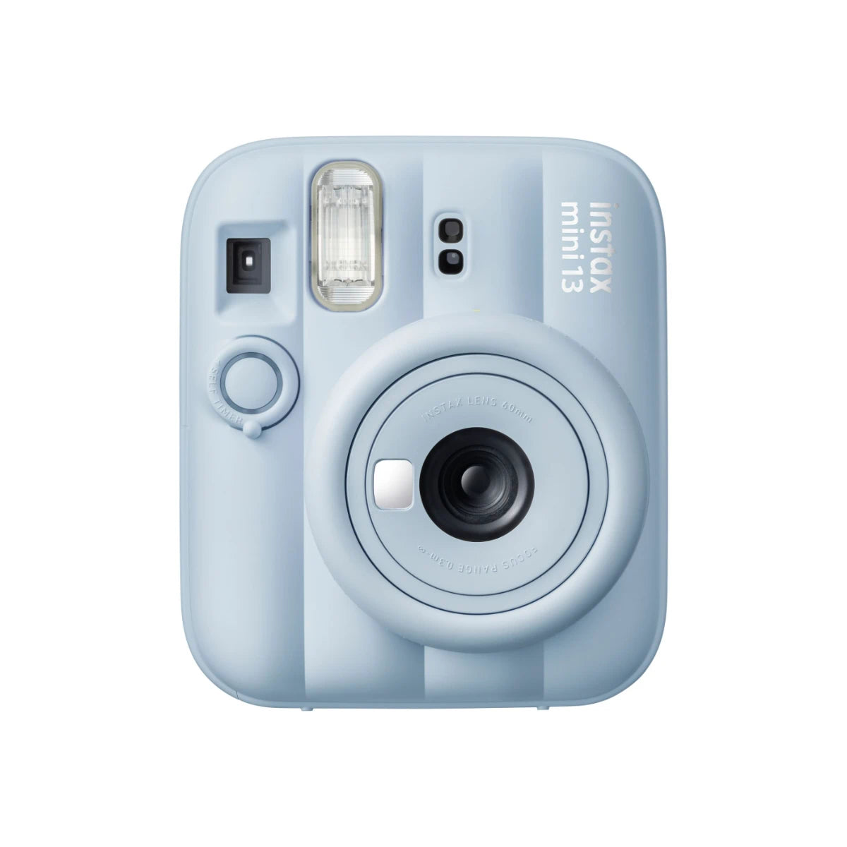Blue instant camera with Fujifilm branding on a white background