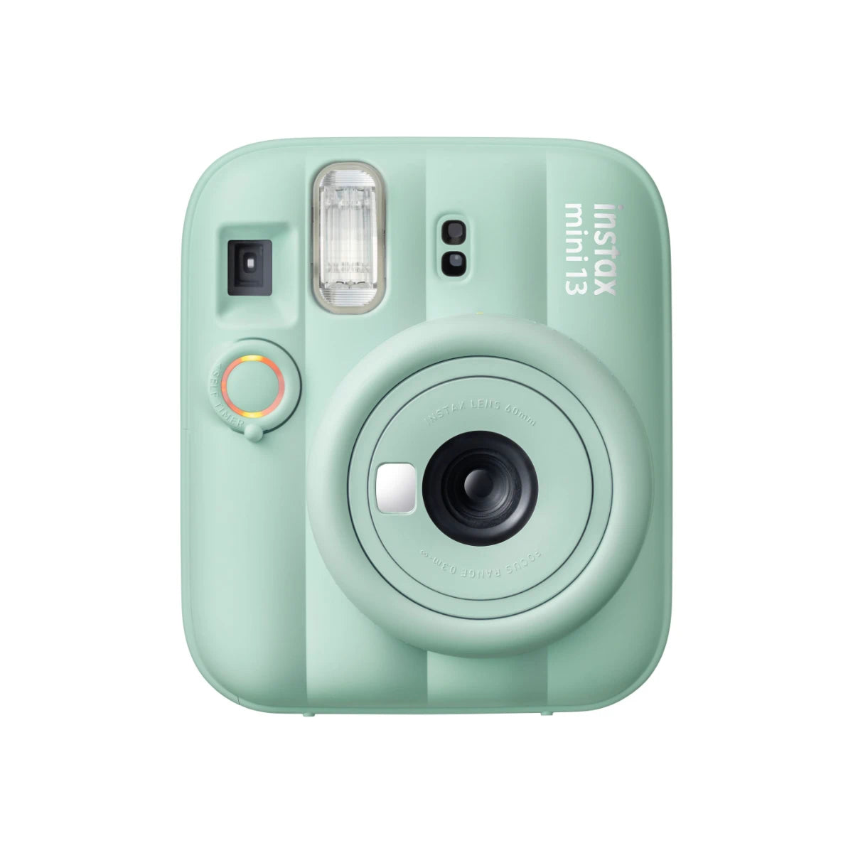 Mint green Fujifilm Instax camera on a white background