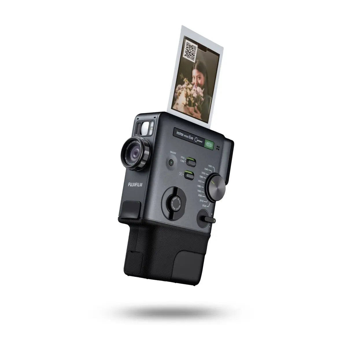 Fujifilm Instax Mini Evo Cinema instant camera with a photo displayed on the screen against a white background