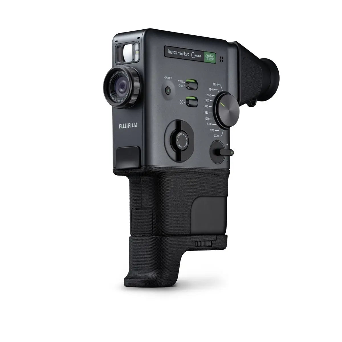 A black Fujifilm Instillix Mini Evo Cinema film camera with a grip handle, shown from a three-quarters angle on a white background.