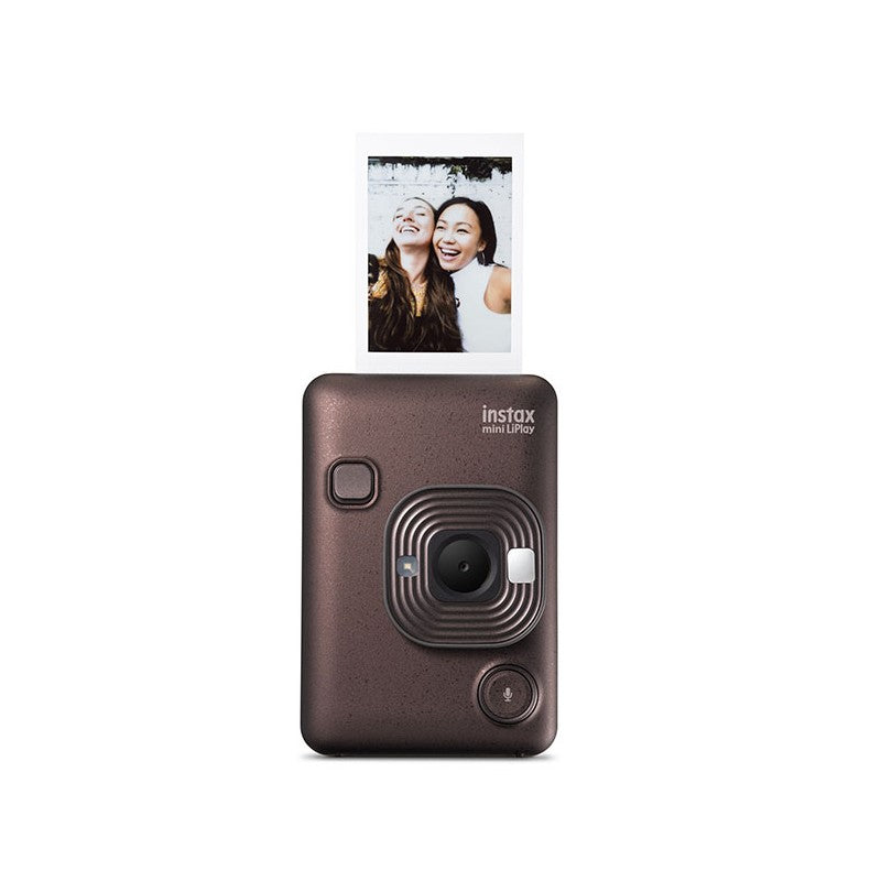 Brown instant camera with a printed photo on a white background