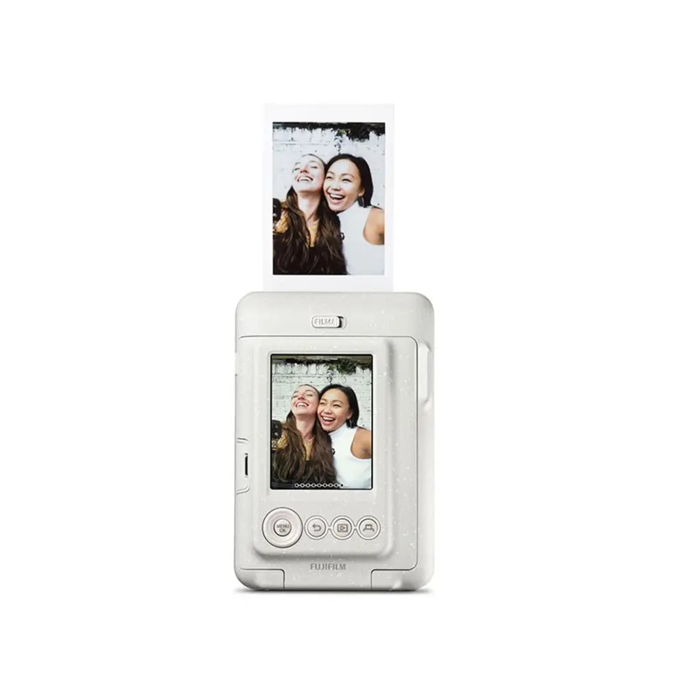 White photo printer with a printed photo of two people on a white background