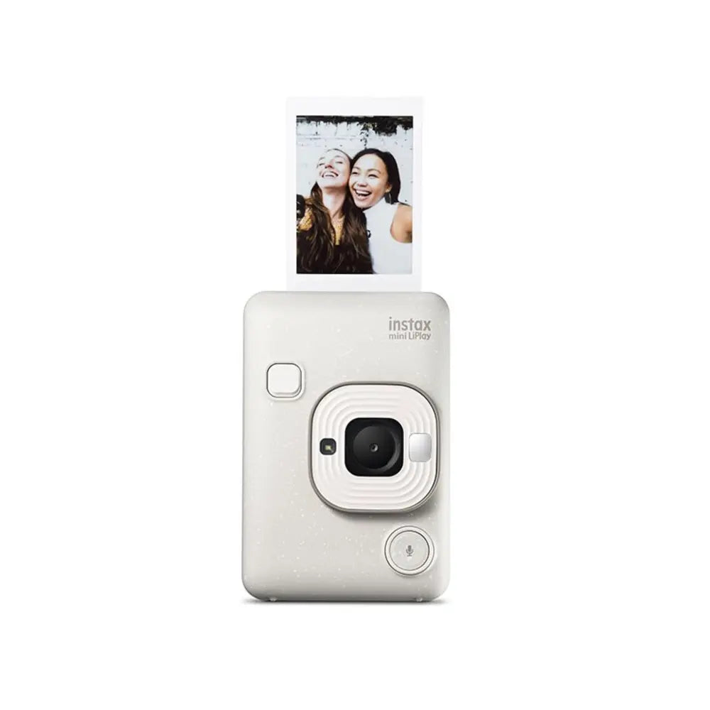 White instant camera with a photo of two people on a white background
